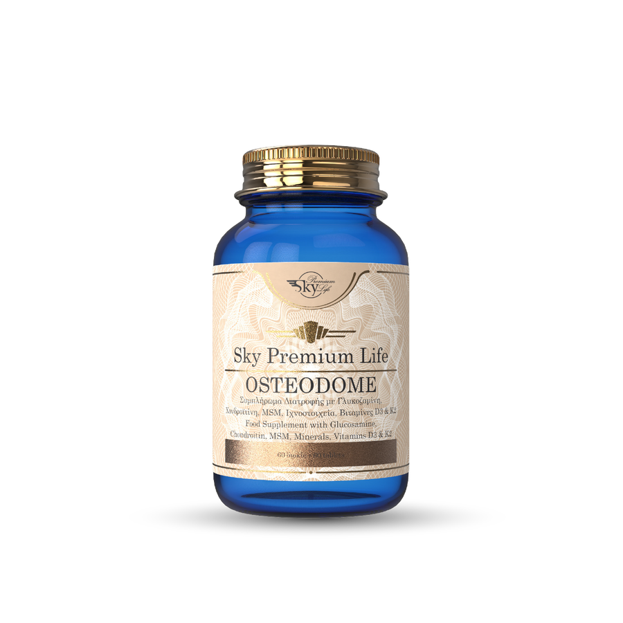 Blue supplement bottle labeled 'Sky Premium Life Osteodome' on a white background