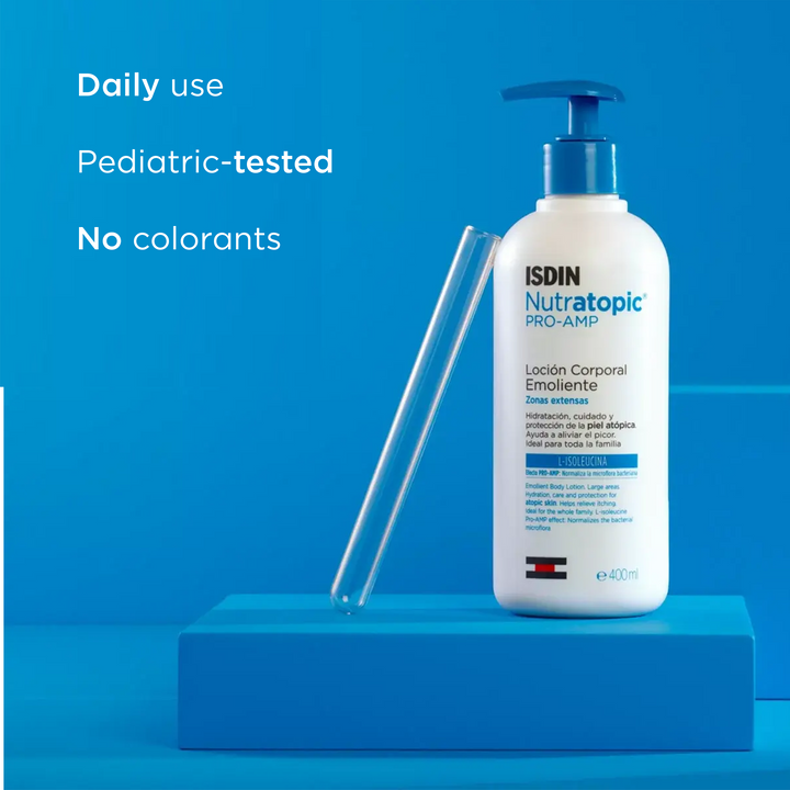 ISDIN Nutratopic Pro-Amp emollient body lotion 400ml for daily moisturizing of atopic skin, pediatric tested, no colorants