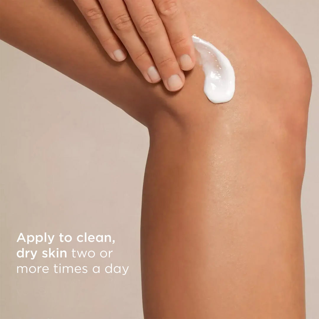 ISDIN Nutratopic Pro-Amp emollient body lotion applied on dry skin for atopic moisture and barrier restoration