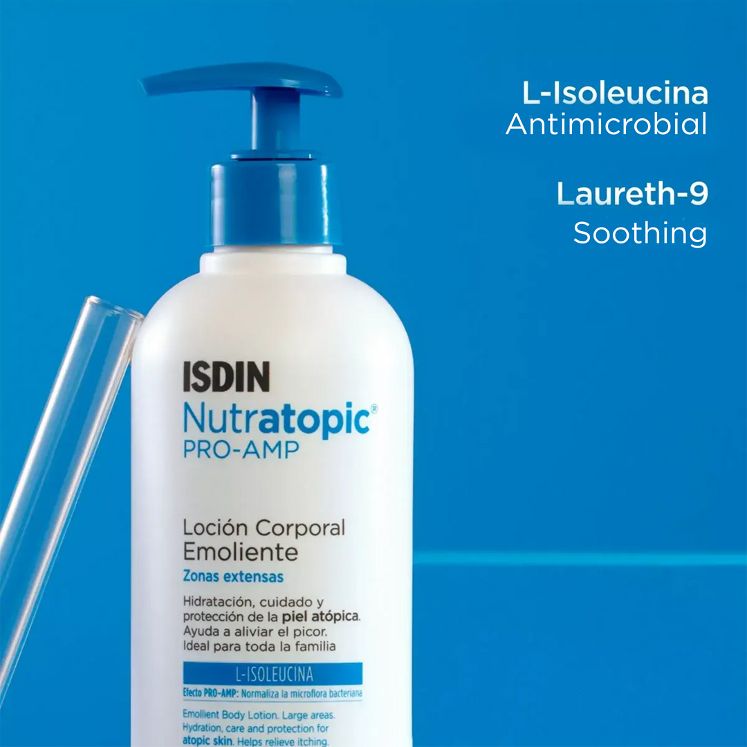 ISDIN Nutratopic Pro-AMP emollient body lotion for atopic skin hydration and barrier restoration