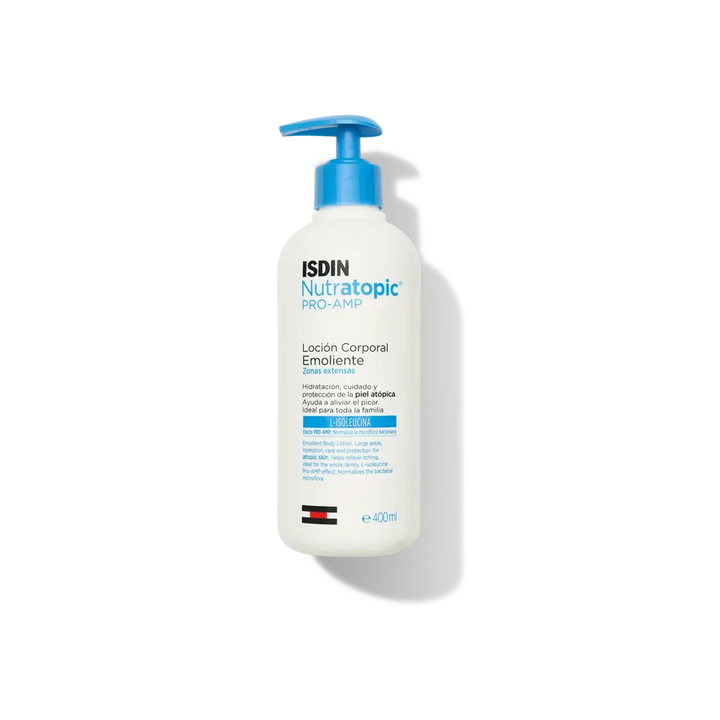 ISDIN Nutratopic Pro-Amp emollient body lotion 400ml for atopic skin moisture and barrier restoration