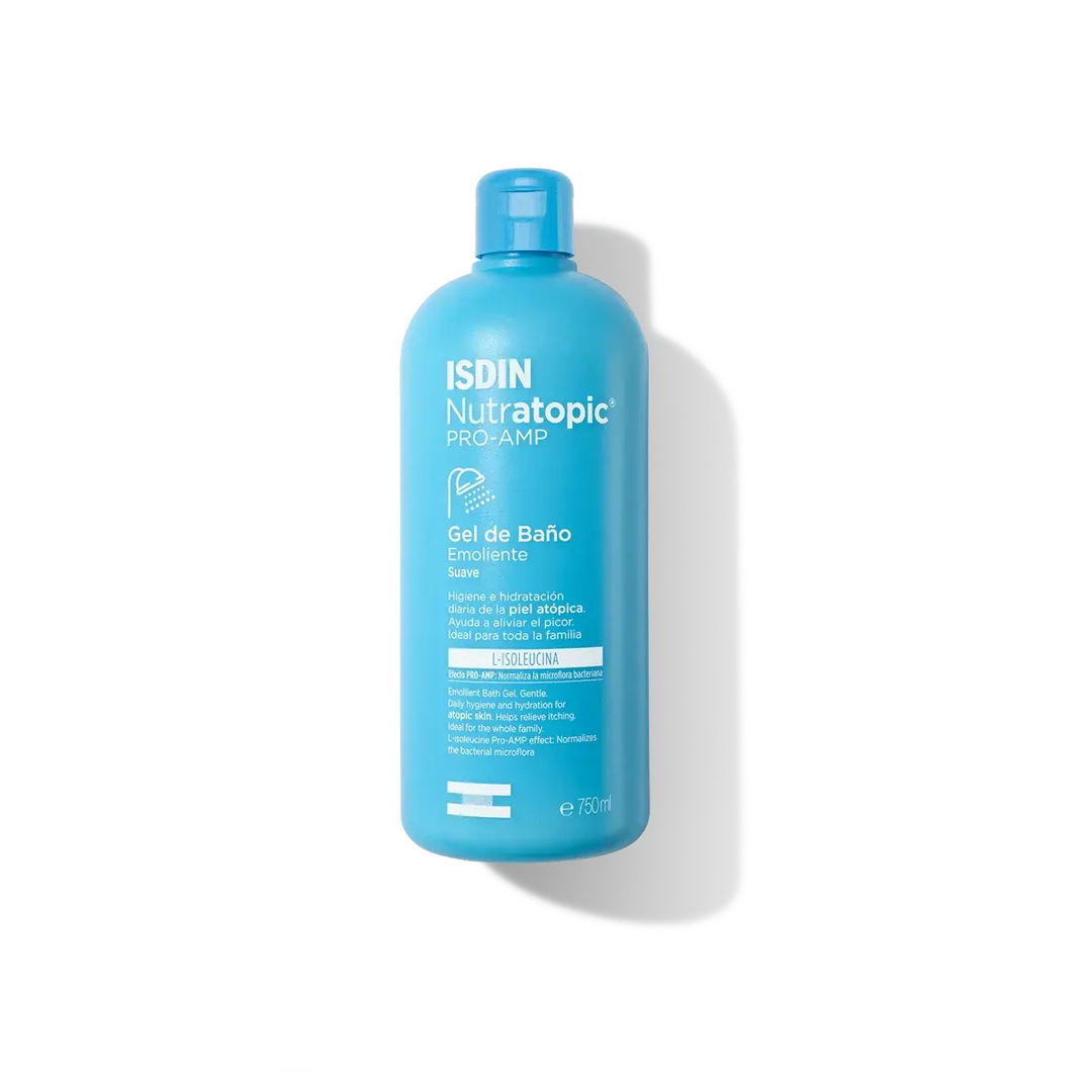 ISDIN Nutratopic Pro-AMP emollient bath gel for daily atopic skin care and hydration 400ml bottle