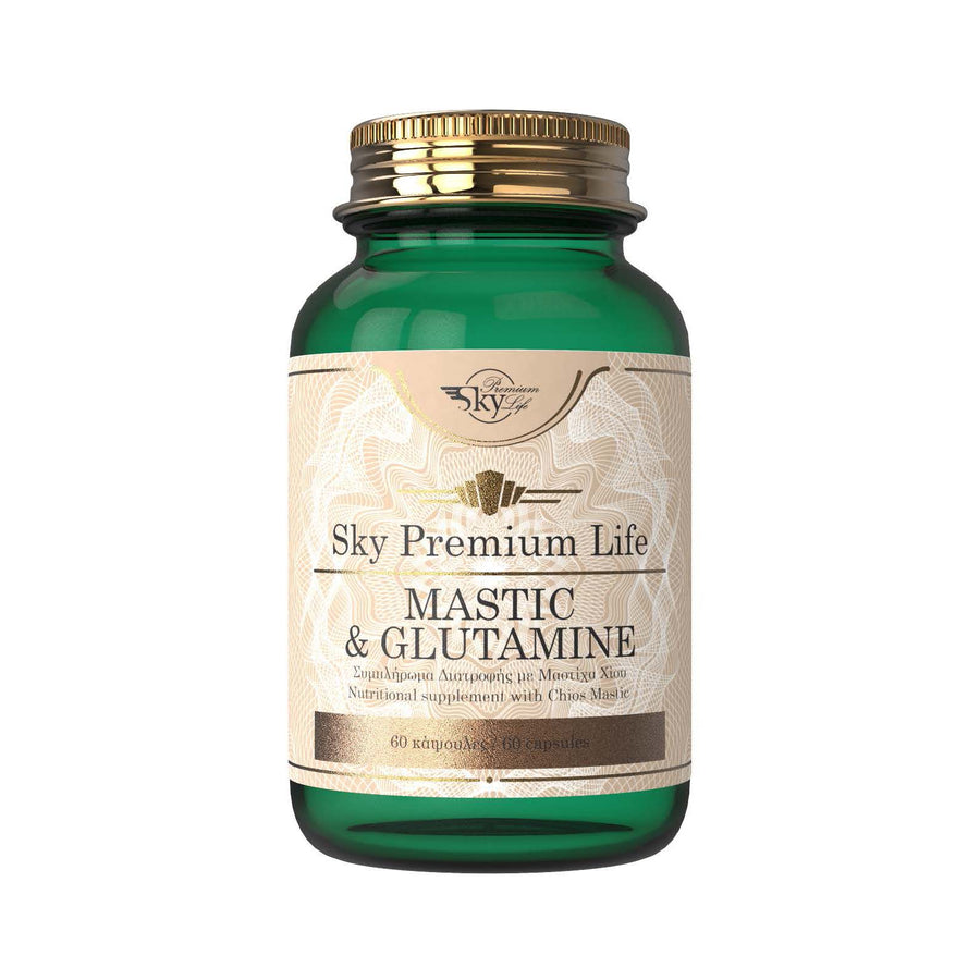 Green supplement bottle labeled 'Sky Premium Life Mastic & Glutamine' on a white background