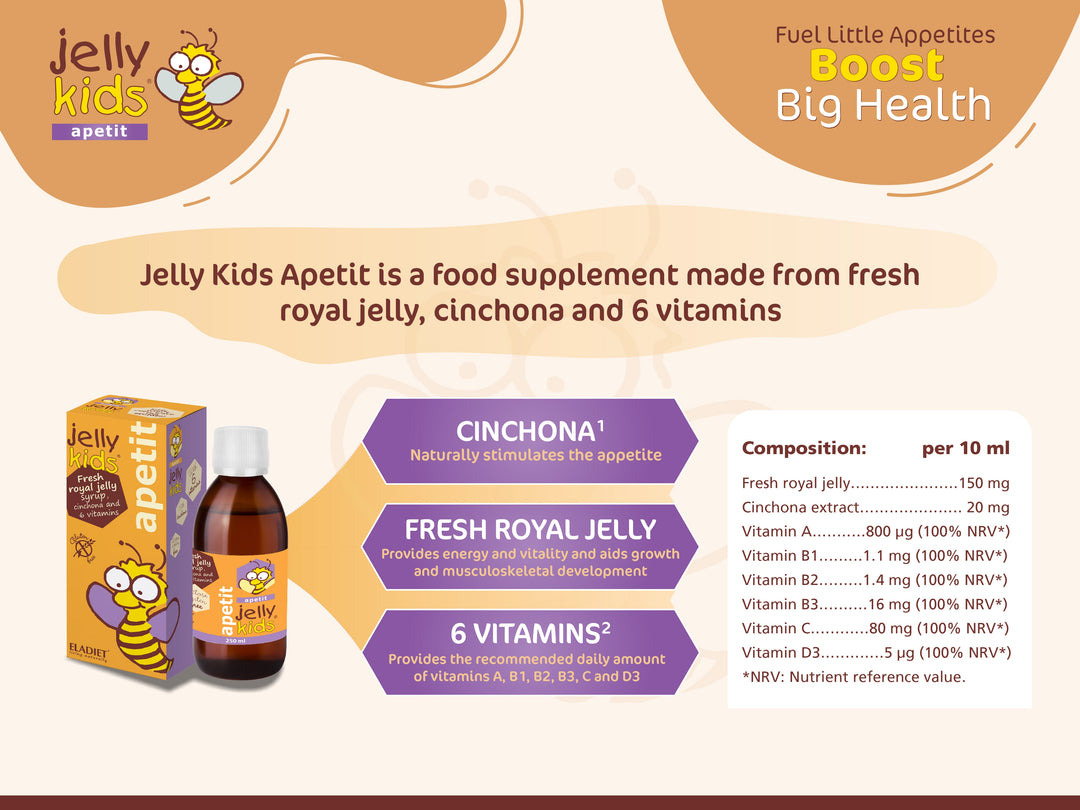 Jelly Kids Apetit supplement packaging with product details and benefits on a colorful background.