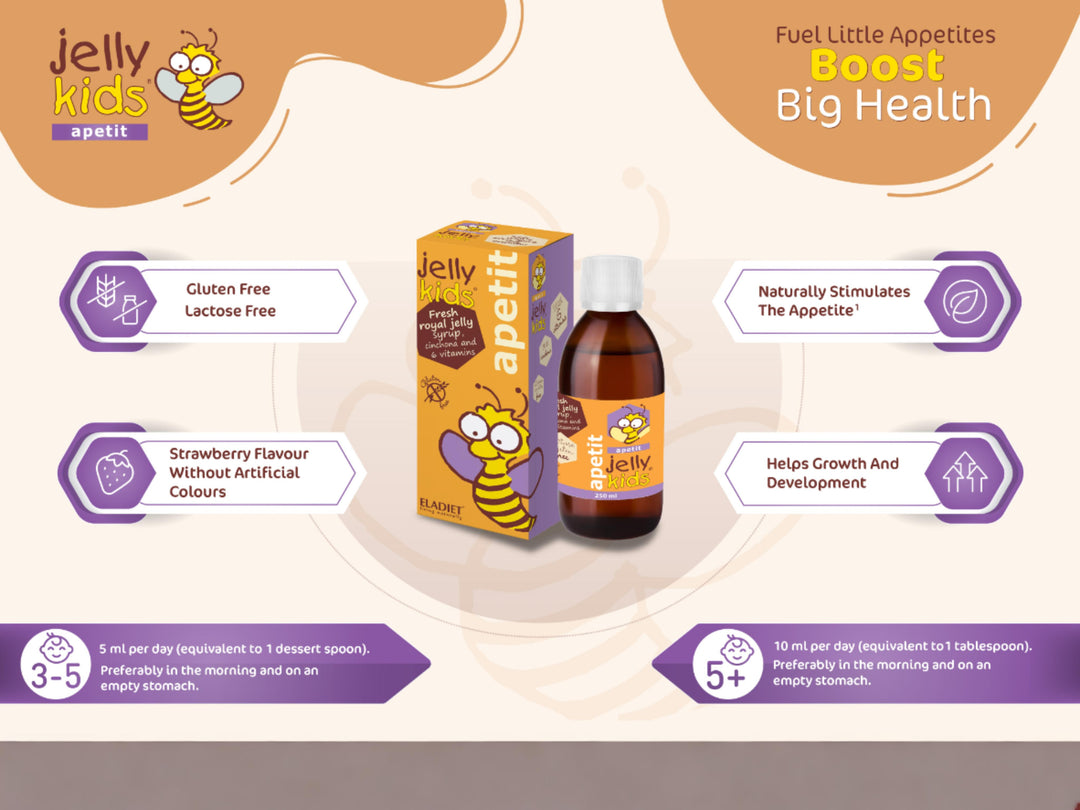 Jelly Kids Appetit product packaging with bottle and box on a light background