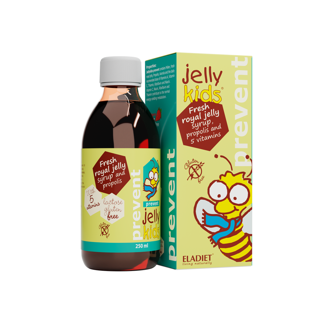 Jelly Kids syrup bottle and packaging on a white background