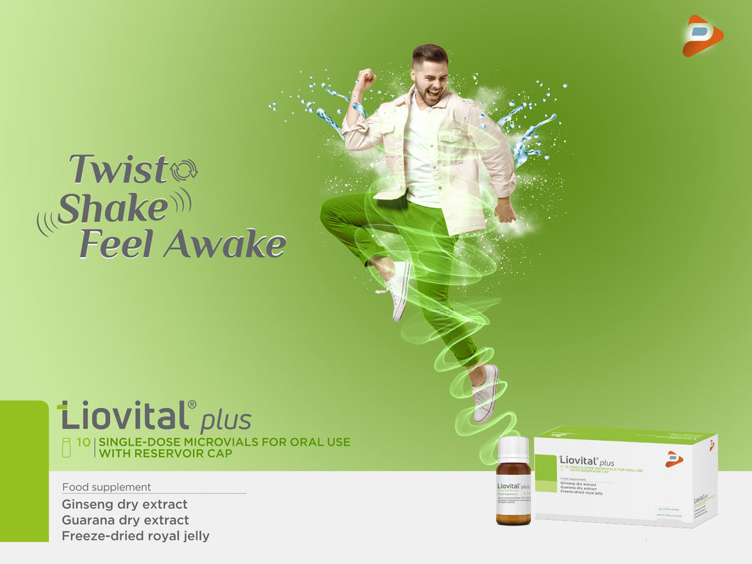 Liovital Plus Vial pack with Ginseng, Guarana, and royal jelly for fatigue relief