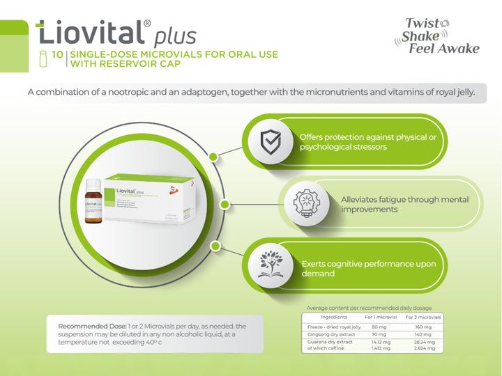 Liovital Plus vial pack with Ginseng, Guarana, and royal jelly for fatigue relief