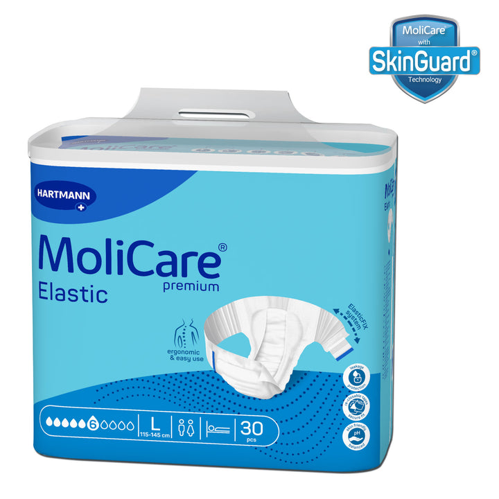 Molicare Premium Elastic Diaper L 30s packaging with SkinGuard technology shown, designed for adult incontinence with anti-leakage and quick-dry features.