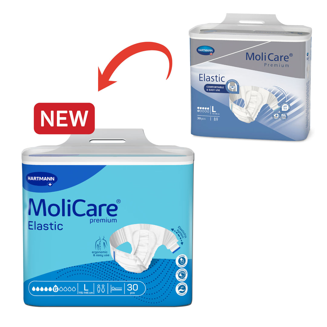 Molicare Premium Elastic Diaper L 30s packaging with elastic-fit system and skin protection features.