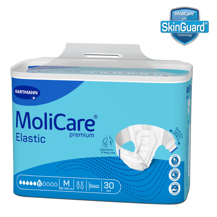 Molicare Premium Elastic Diaper M 30s with Elastic-Fix System, pH 5.5 skin protection, and quick dry core.