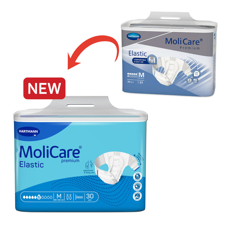 Molicare Premium Elastic Diaper M 30s packaging, featuring new elastic-fix system and pH 5.5 active skin protection.