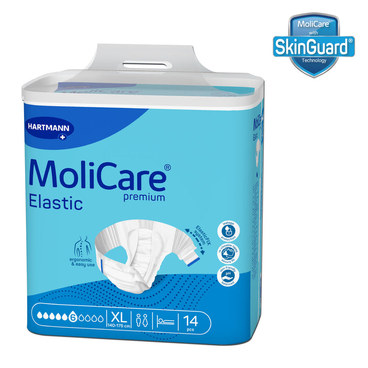 Molicare Premium Elastic Diaper XL package with SkinGuard technology, 14 pieces, suitable for adult incontinence.