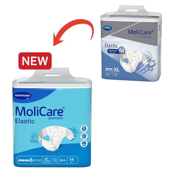 Molicare Premium Elastic Diaper XL 14 pack with new elastic-fix system for enhanced fit and skin protection.