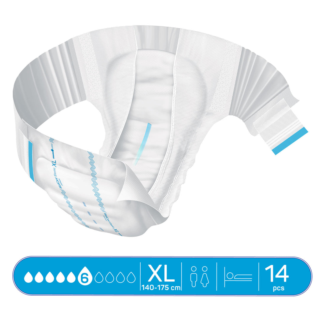 Molicare Premium 165274 Elastic Diaper XL, 14 pack with reclosable side panels and quick dry system for adult incontinence.