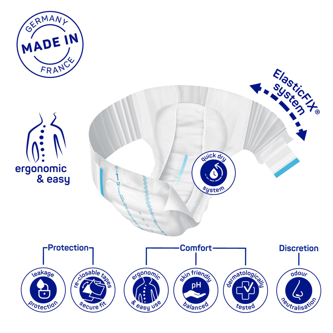 Molicare Premium Elastic Diaper XL with Elastic-Fix System and Quick Dry System, Made in Germany.