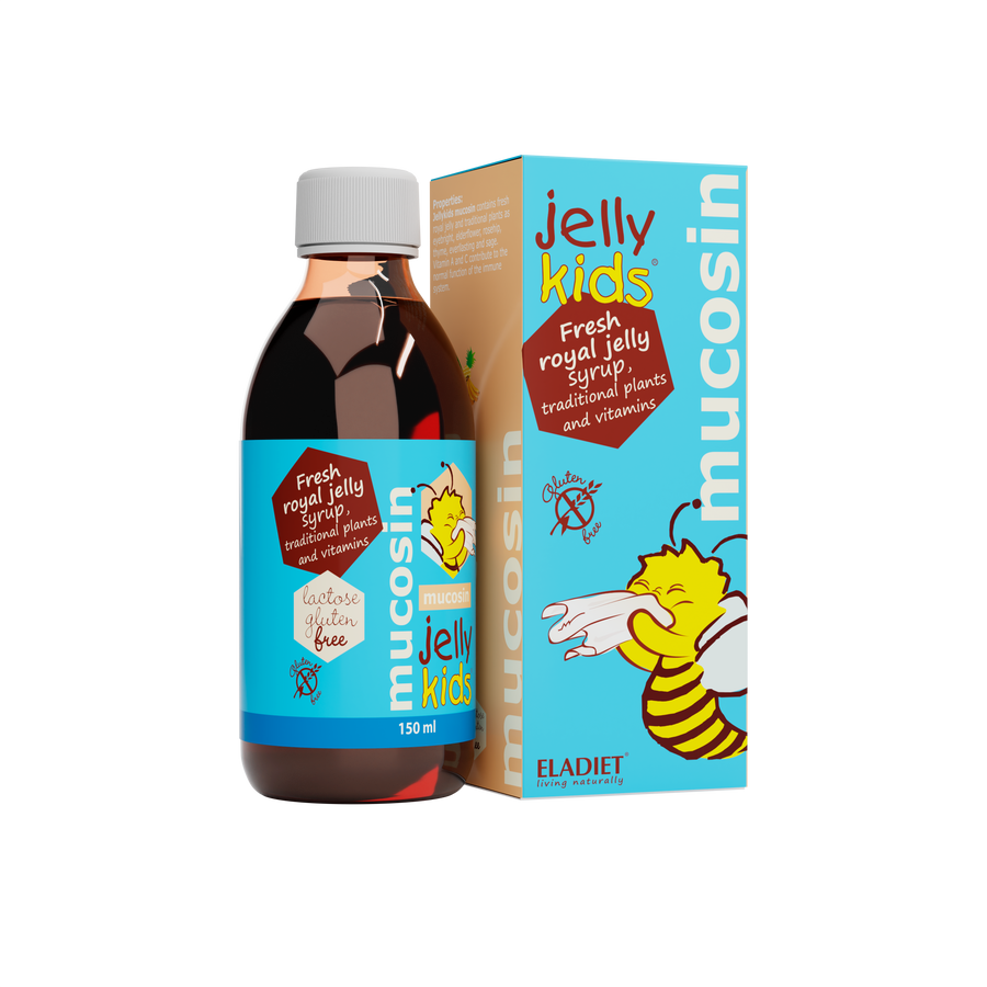 Mucosin Jelly Kids syrup bottle and packaging on a white background
