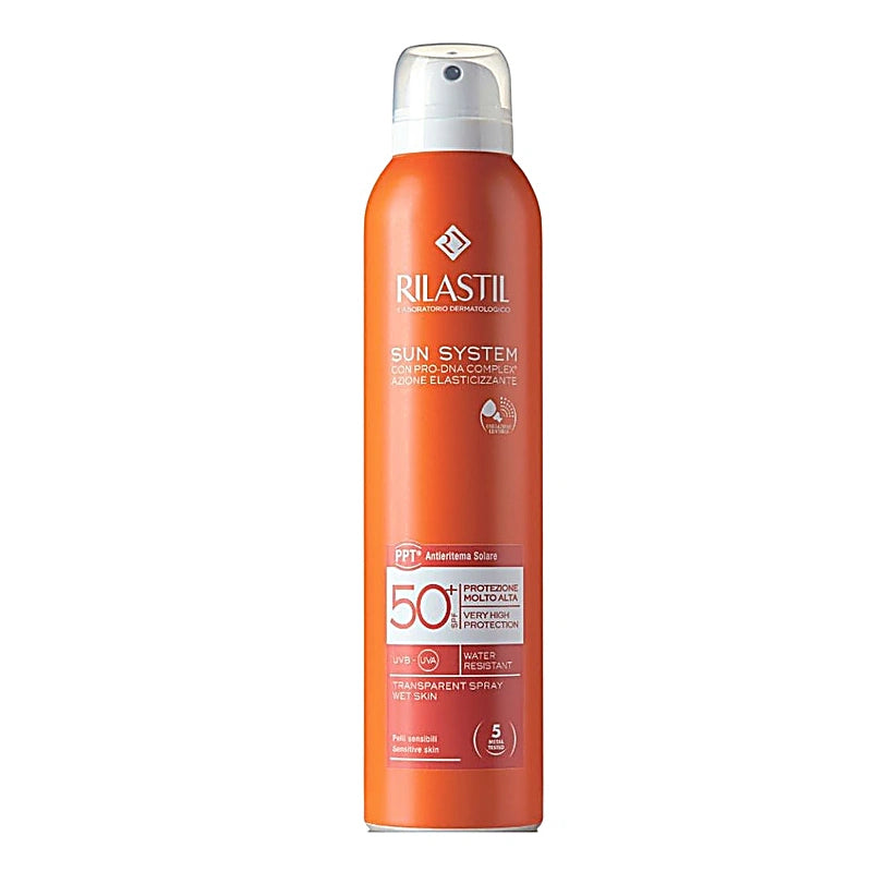 Orange Rilastil sun spray bottle on a white background