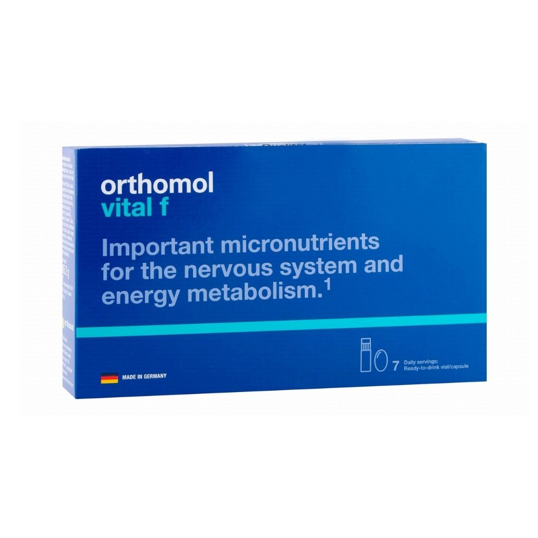 Orthomol Vital F Vials 7S packaging for women's vitality and stress reduction supplement.