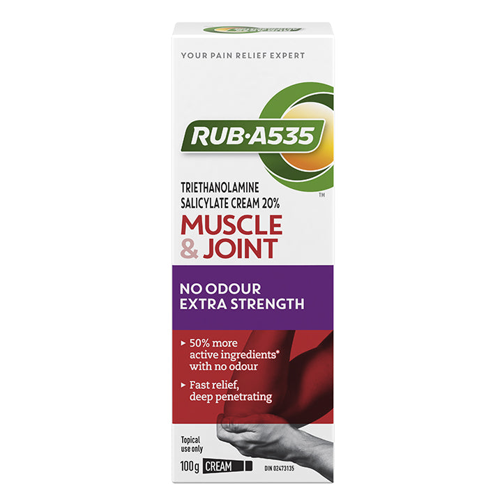 Rub A535 Muscle & Joint No Odour Cream 100gm packaging with fast-acting, deep-penetrating pain relief and extra strength formulation.