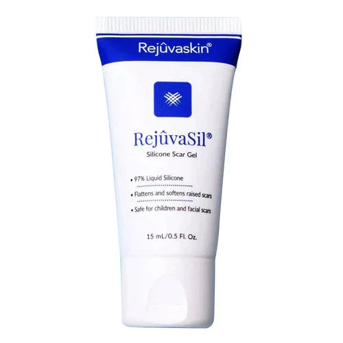 Rejuvasil Silicone Scar Gel 15ml tube for scar healing and redness reduction.