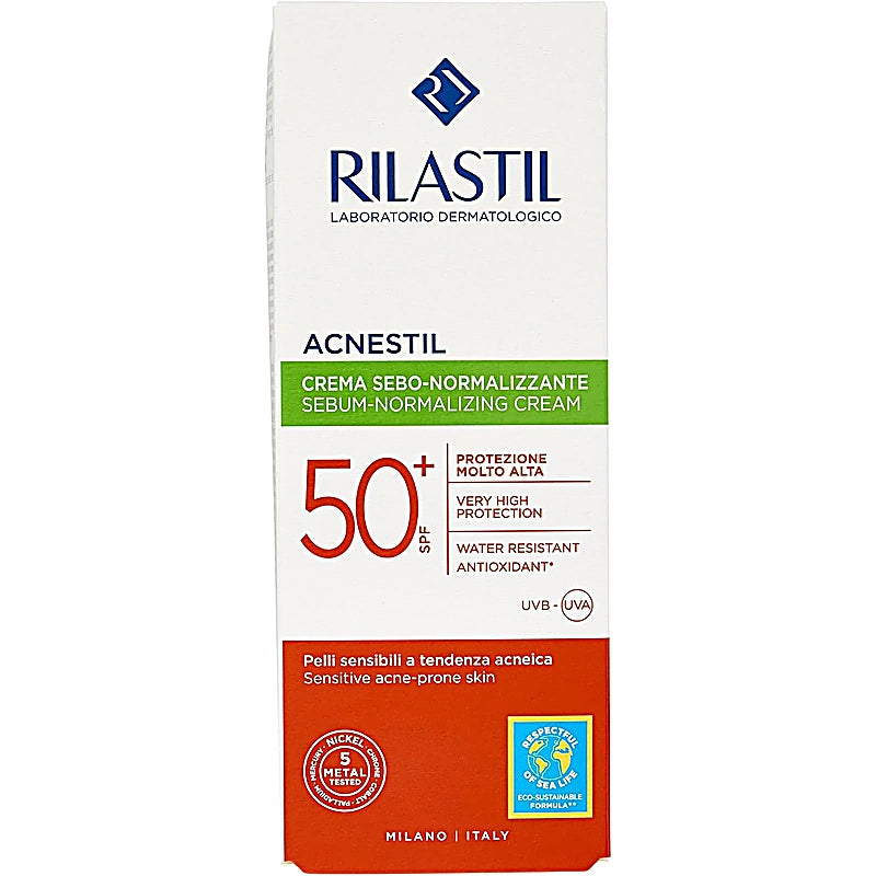 Rilastil Acnestil sunscreen cream packaging on a white background
