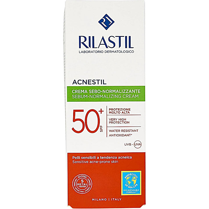 Rilastil Acnestil sunscreen cream packaging on a white background