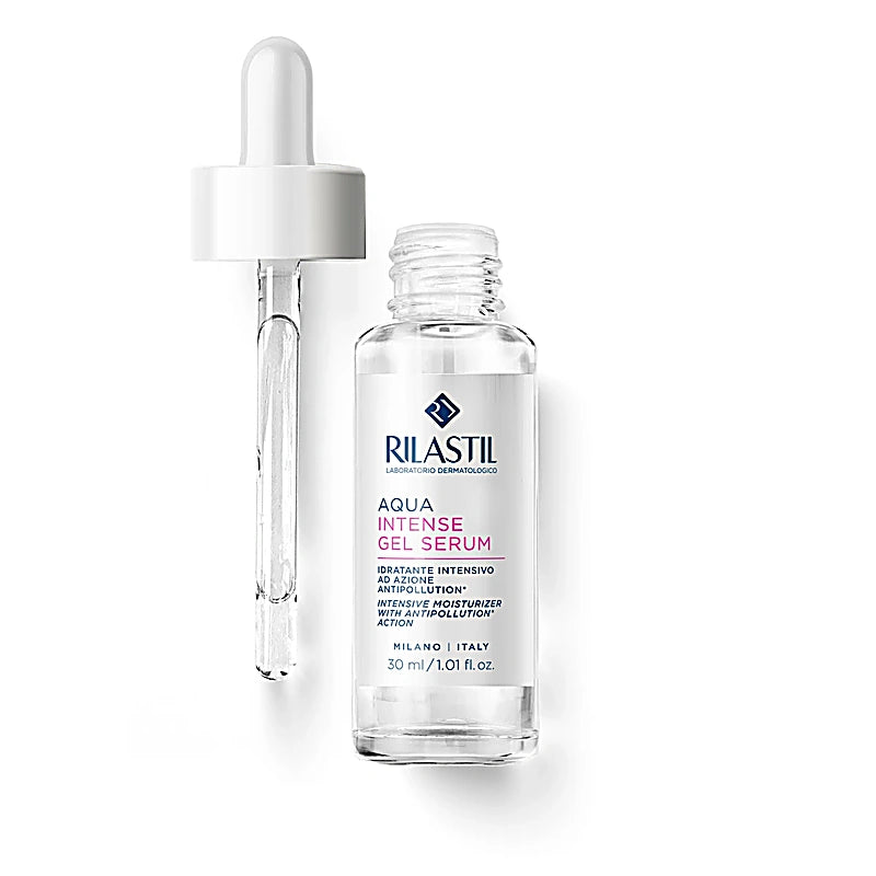 Rilastil Aqua Intense Gel Serum with dropper on a white background