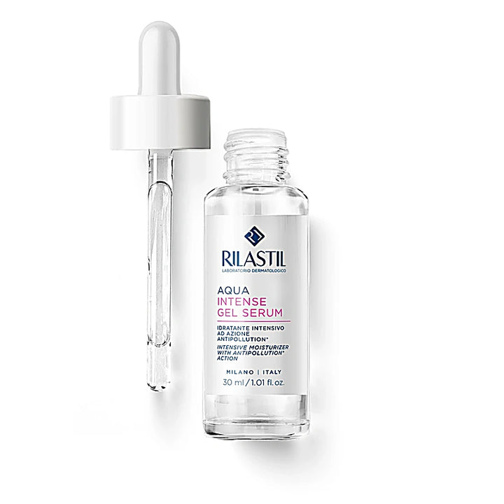 Rilastil Aqua Intense Gel Serum with dropper on a white background