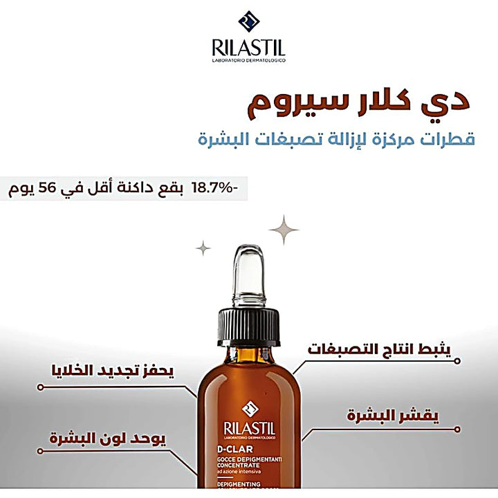 Rilastil D-Clar serum bottle with dropper on a white background