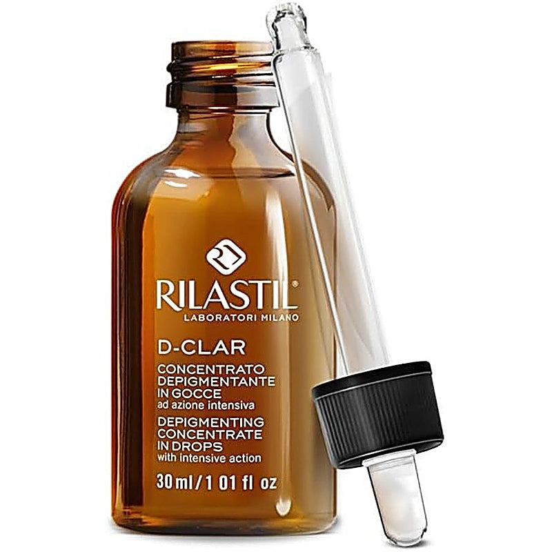 Rilastil D-Clar skincare serum bottle with dropper on a white background