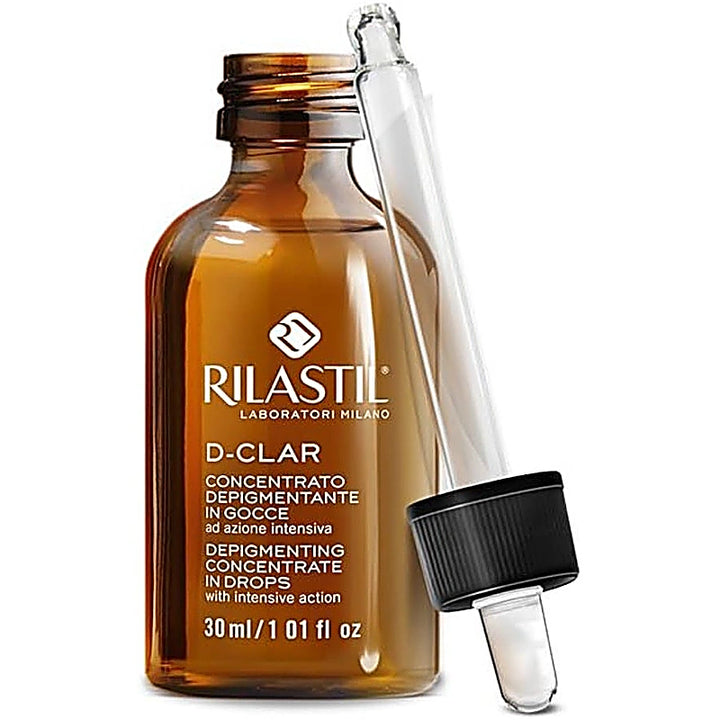 Rilastil D-Clar skincare serum bottle with dropper on a white background