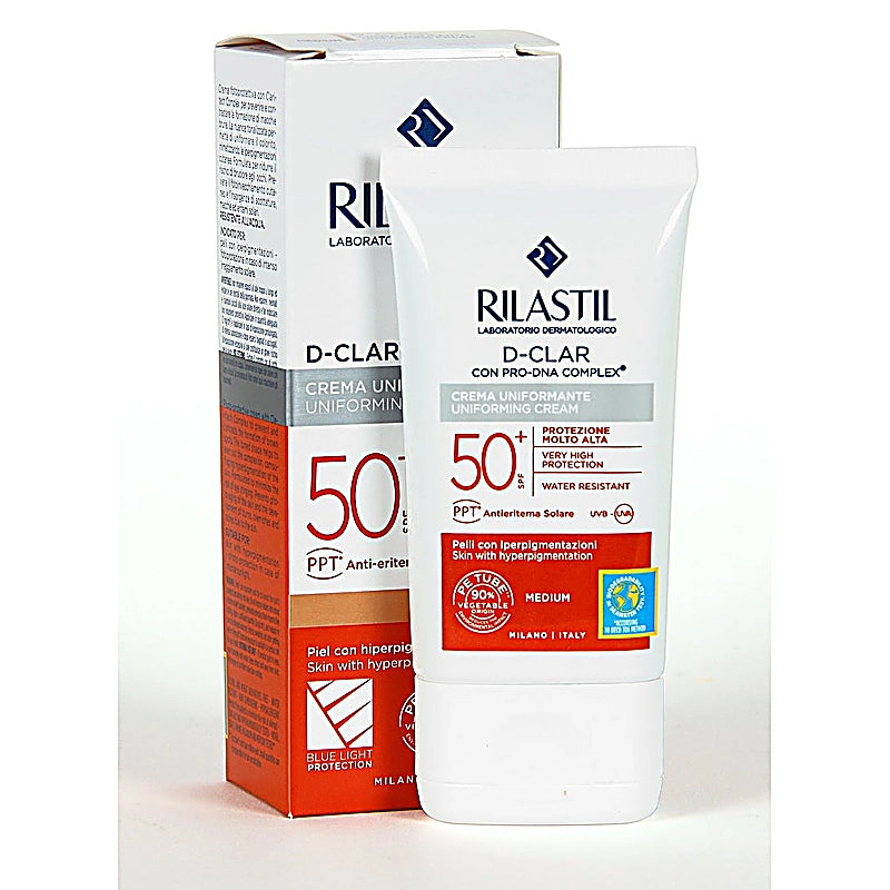 Rilastil D-Clar sunscreen cream and packaging on a white background
