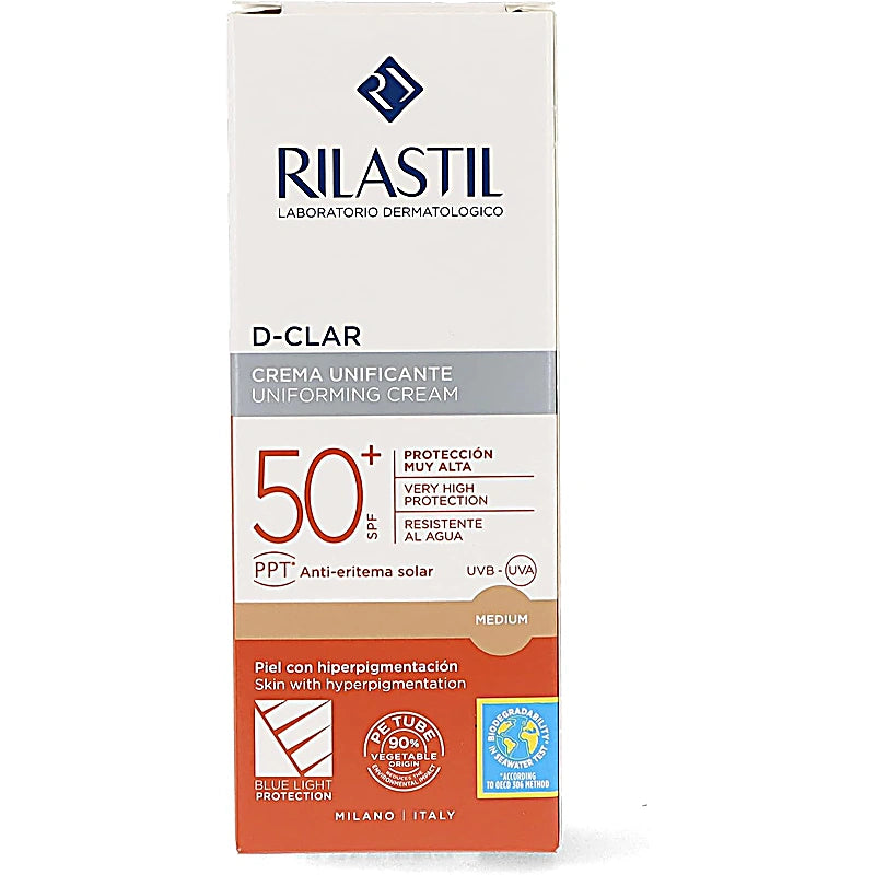 Rilastil D-Clar sunscreen cream packaging on a white background