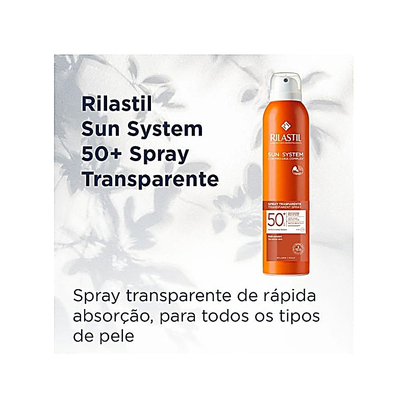Rilastil Sun System 50+ Spray Transparente on a white background with text.