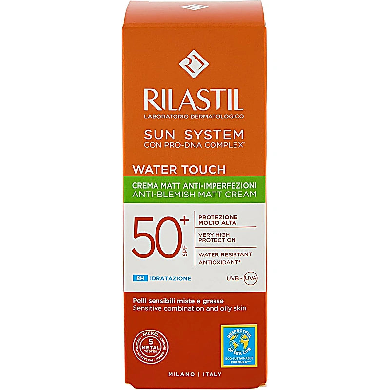 Rilastil Sun System Water Touch sunscreen cream packaging on a white background