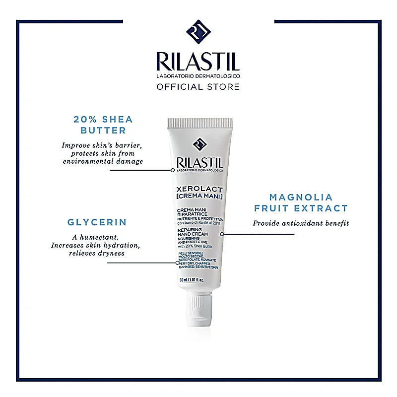 Rilastil hand cream tube with ingredients listed on a white background