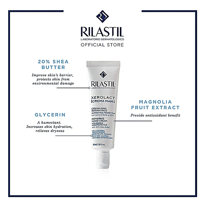 Rilastil hand cream tube with ingredients listed on a white background
