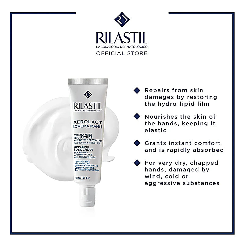 Rilastil hand cream tube with product details on a white background