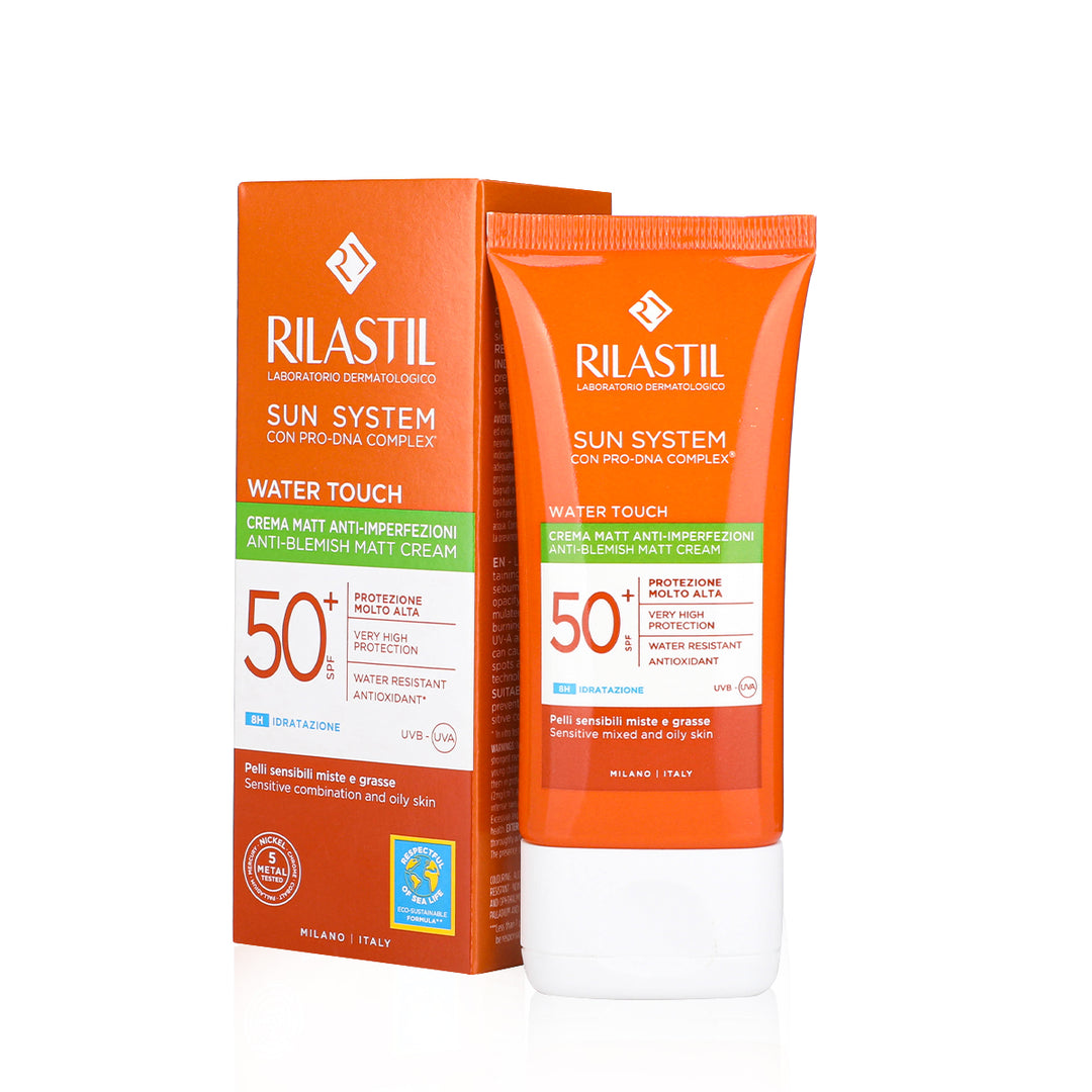 Rilastil sunscreen cream and packaging on a white background