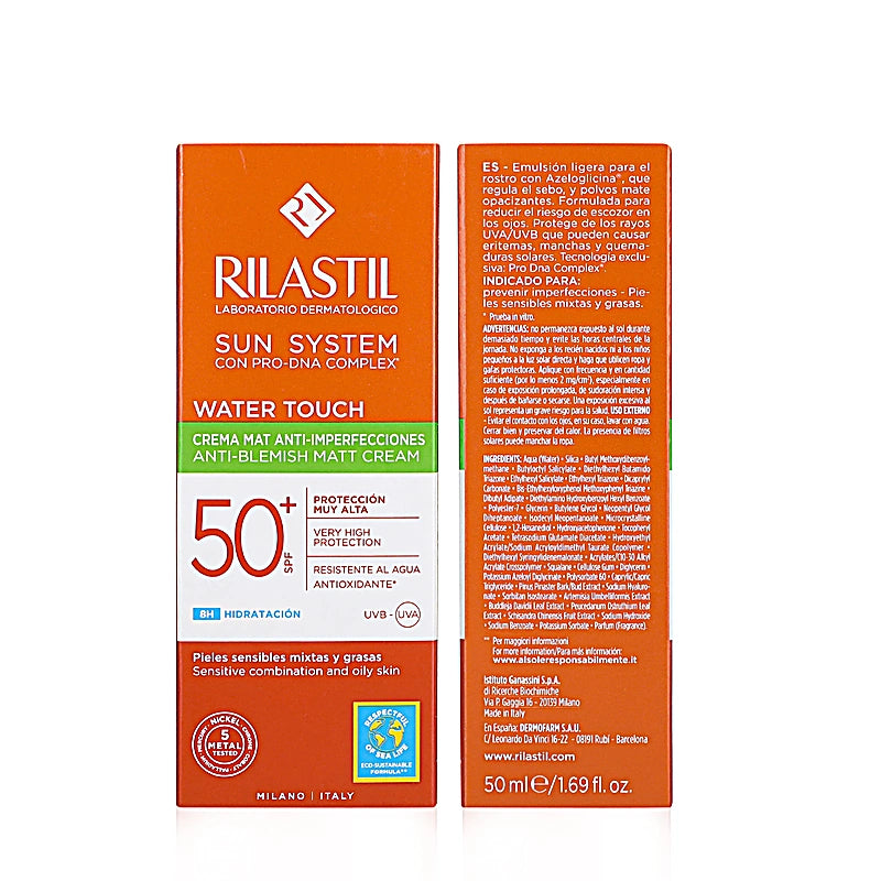 Rilastil sunscreen packaging with orange and white design