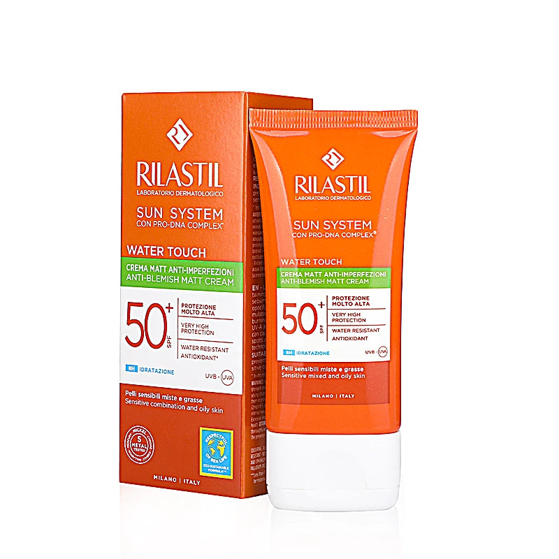 Rilastil sunscreen tube and packaging on a white background