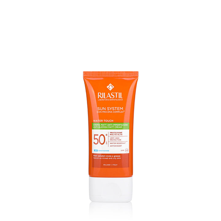 Rilastil sunscreen tube on a white background