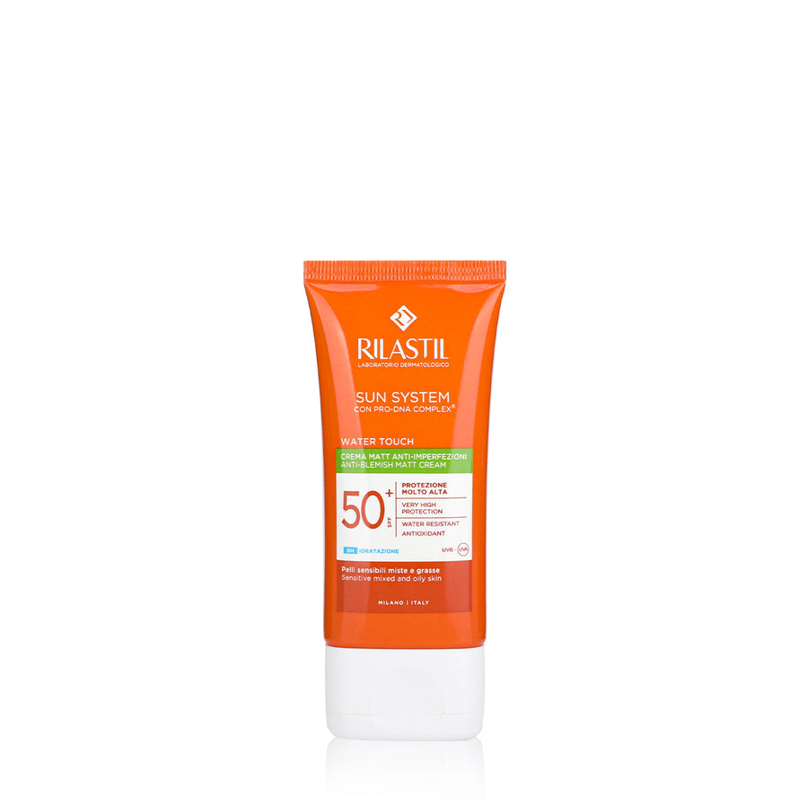 Rilastil sunscreen tube on a white background