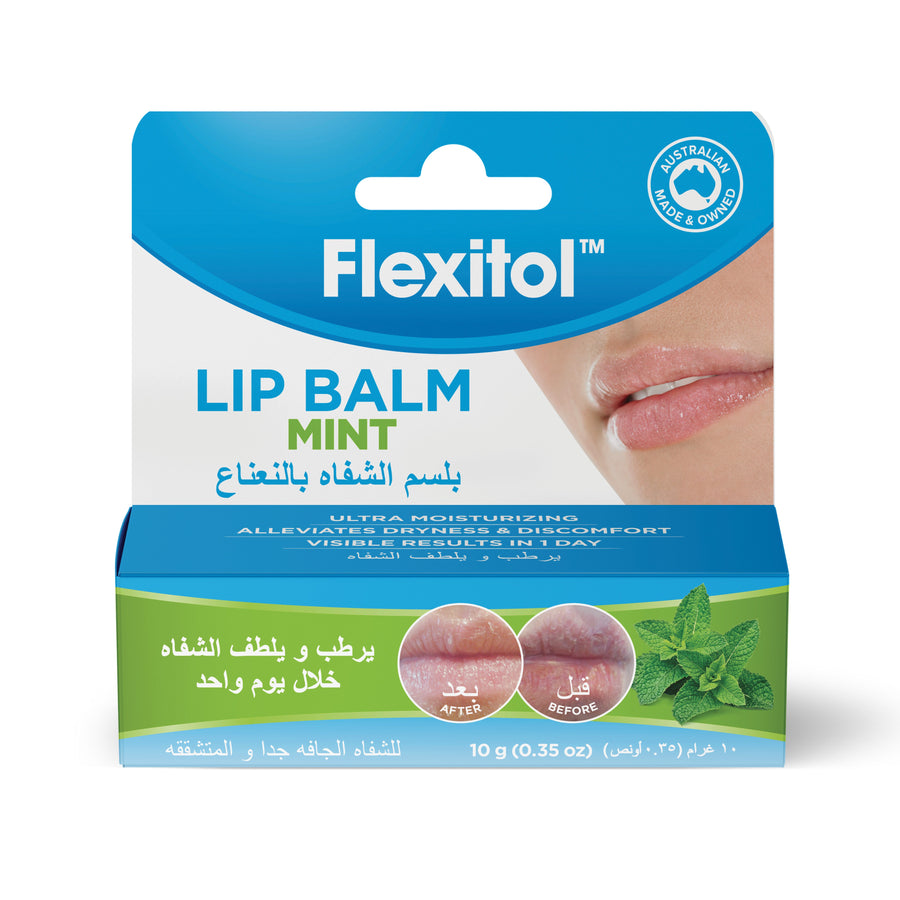Flexitol Mint Lip Balm 10g tube for moisturizing and softening dry lips