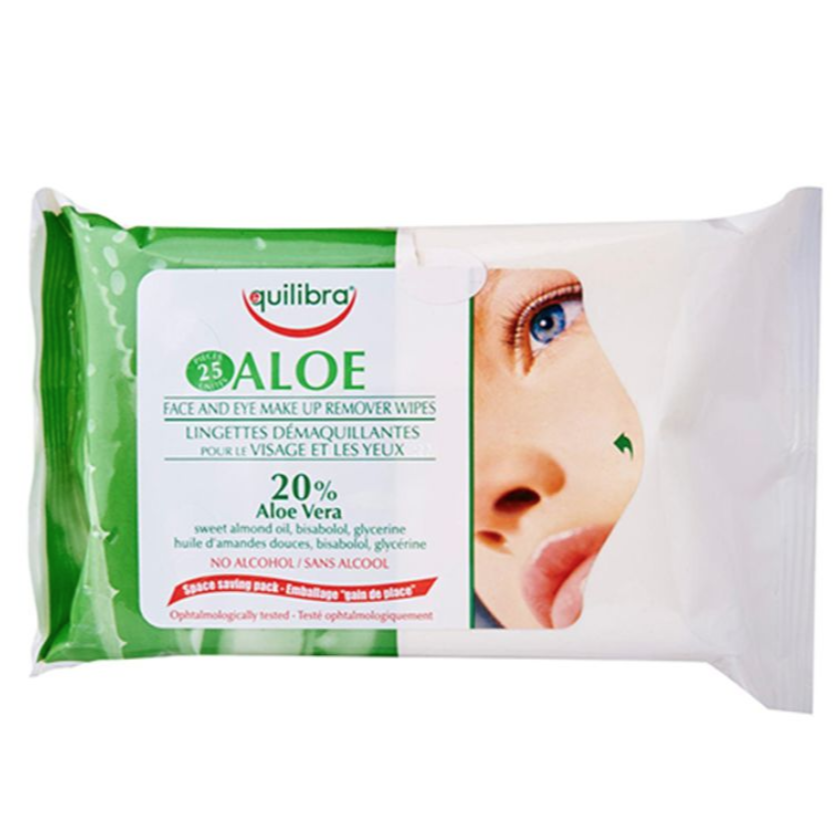 Eq Aloe Make Up Remover Wipes package with aloe vera, allergen-free formula.