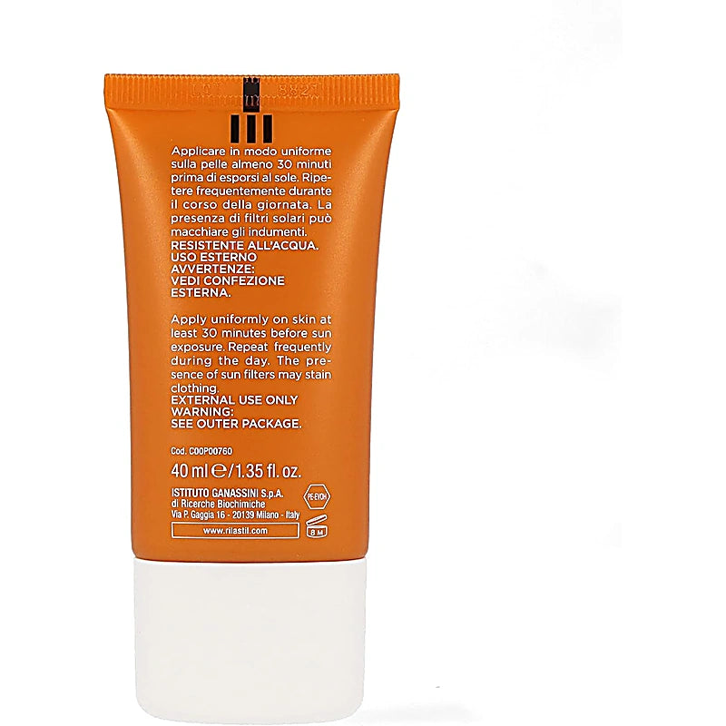 Sunscreen tube with orange label and white base on a white background