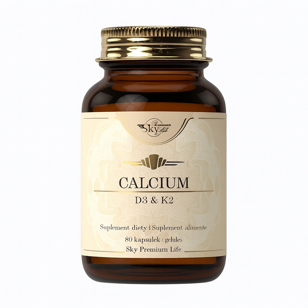 Supplement bottle labeled 'Calcium D3 & K2' with a gold cap on a white background