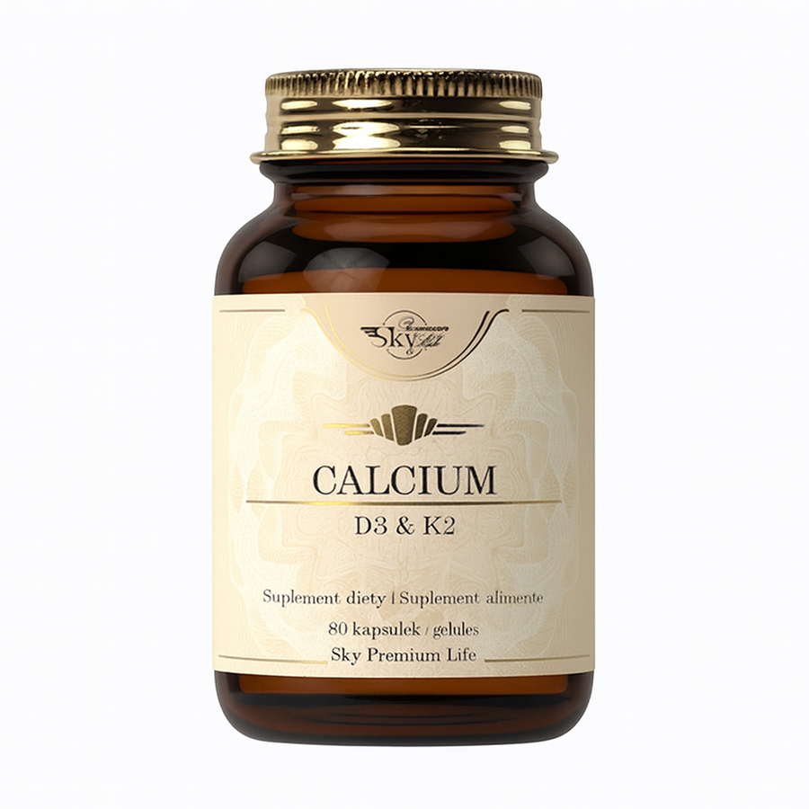 Supplement bottle labeled 'Calcium D3 & K2' with a gold cap on a white background