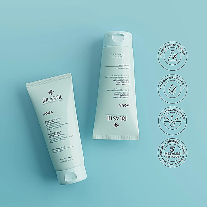 Two Rilastil Aqua skincare products on a light blue background with certification icons.